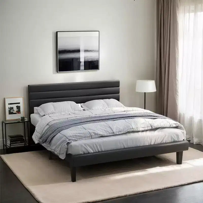 Karl Home Full Size Platform Upholstered Bed Frame with Soft Adjustable Headboard Black