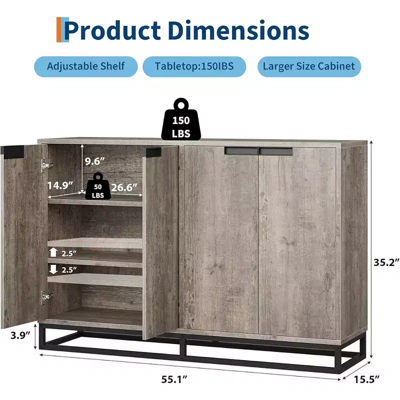 Buffet de Rangement, Grand Meuble de Rangement Moderne de Cuisine de 55" avec 2 Tiroirs et 4 Portes