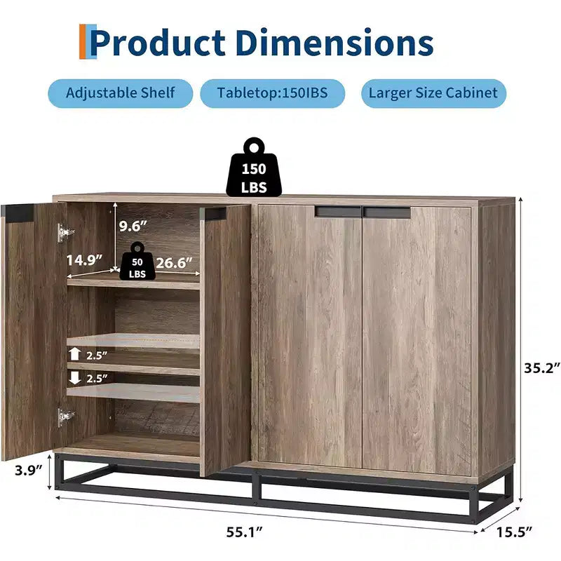 Buffet de Rangement, Grand Meuble de Rangement Moderne de Cuisine de 55" avec 2 Tiroirs et 4 Portes