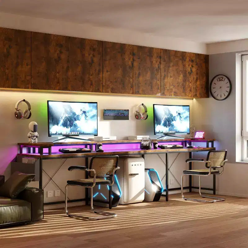 Bureau de jeu en forme de U/L de 78", bureau d'ordinateur réversible avec prises de courant, lumières LED, support d'écran et étagère de rangement, bureau d'angle pour bureau à domicile