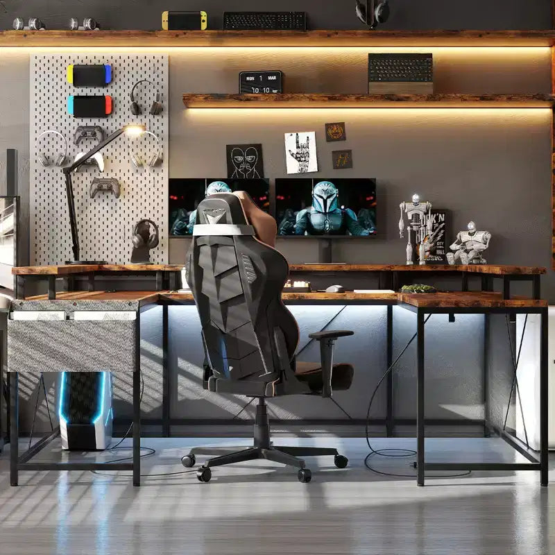 Bureau de jeu en forme de U/L de 78", bureau d'ordinateur réversible avec prises de courant, lumières LED, support d'écran et étagère de rangement, bureau d'angle pour bureau à domicile