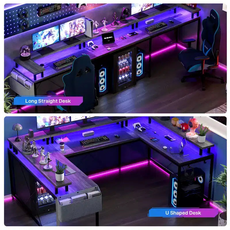 Bureau de jeu en forme de U/L de 78", bureau d'ordinateur réversible avec prises de courant, lumières LED, support d'écran et étagère de rangement, bureau d'angle pour bureau à domicile