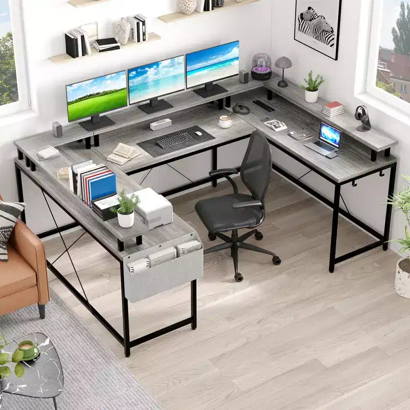 Bureau de jeu en forme de U/L de 78", bureau d'ordinateur réversible avec prises de courant, lumières LED, support d'écran et étagère de rangement, bureau d'angle pour bureau à domicile