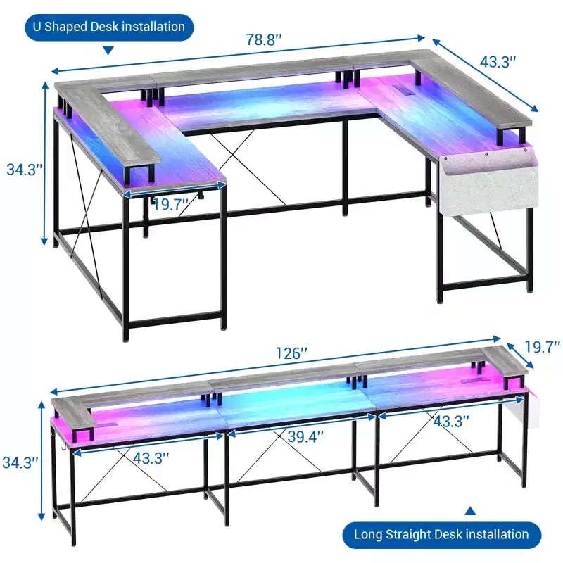 Bureau de jeu en forme de U/L de 78", bureau d'ordinateur réversible avec prises de courant, lumières LED, support d'écran et étagère de rangement, bureau d'angle pour bureau à domicile
