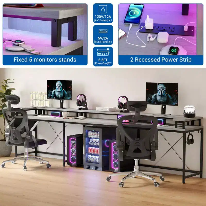 Bureau de jeu en forme de U/L de 78", bureau d'ordinateur réversible avec prises de courant, lumières LED, support d'écran et étagère de rangement, bureau d'angle pour bureau à domicile