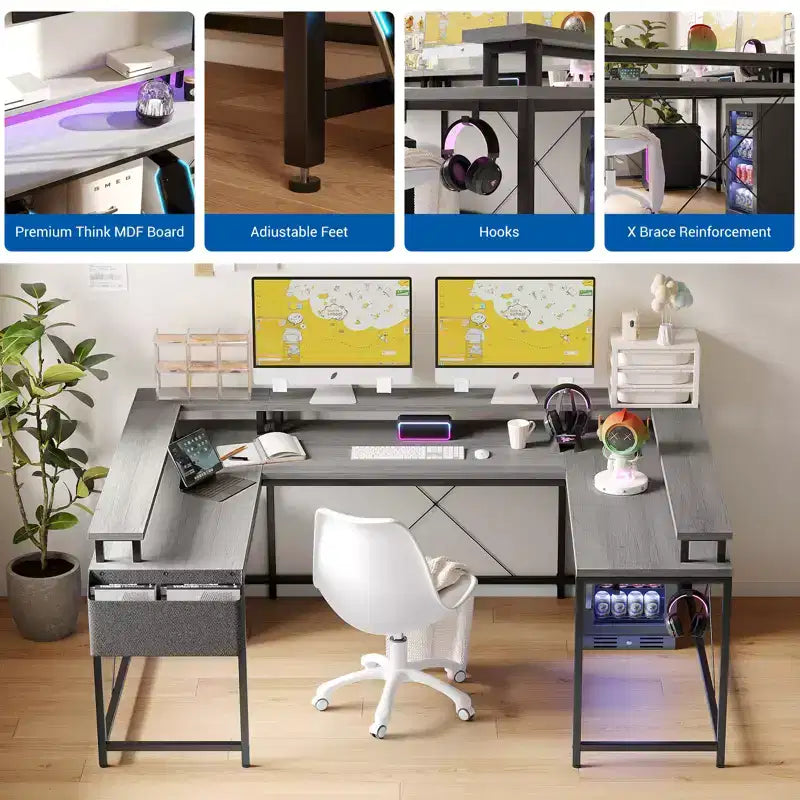 Bureau de jeu en forme de U/L de 78", bureau d'ordinateur réversible avec prises de courant, lumières LED, support d'écran et étagère de rangement, bureau d'angle pour bureau à domicile
