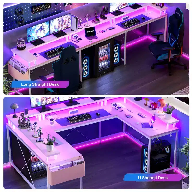 Bureau de jeu en forme de U/L de 78", bureau d'ordinateur réversible avec prises de courant, lumières LED, support d'écran et étagère de rangement, bureau d'angle pour bureau à domicile