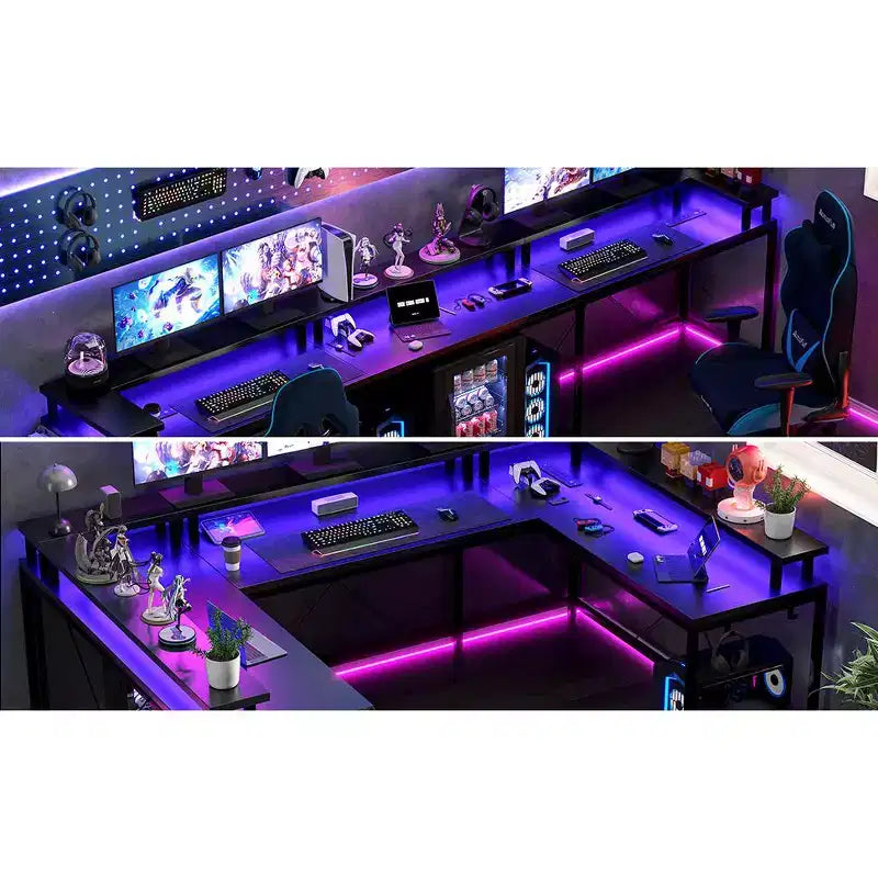 Bureau de jeu en forme de U/L de 78", bureau d'ordinateur réversible avec prises de courant, lumières LED, support d'écran et étagère de rangement, bureau d'angle pour bureau à domicile