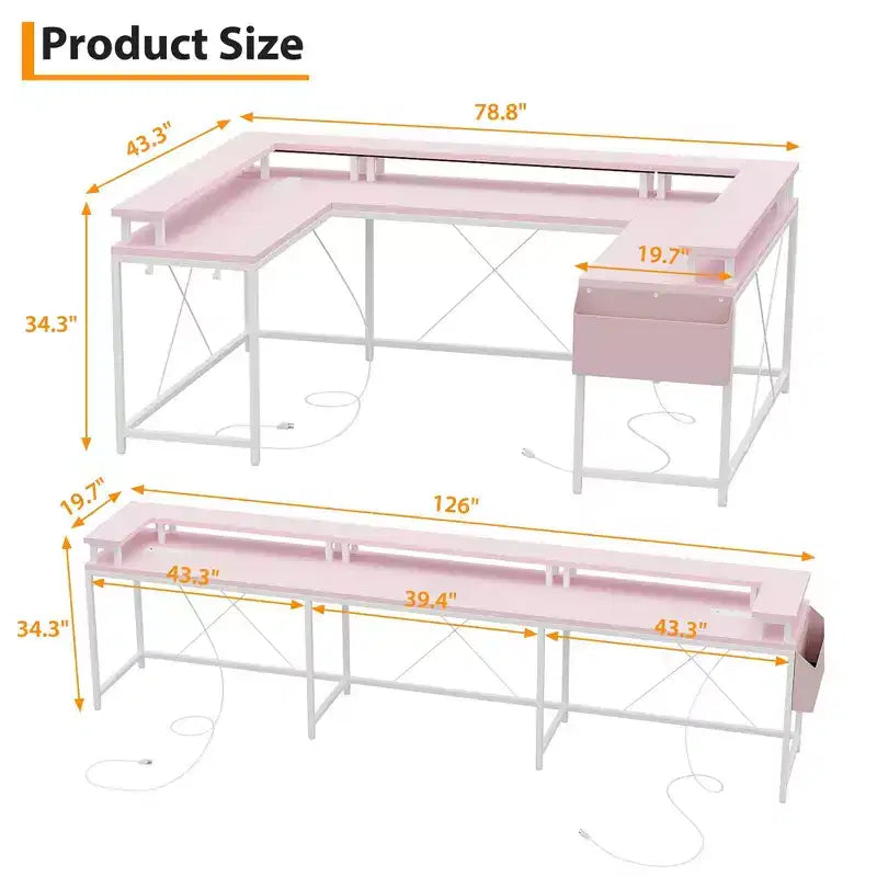 Bureau de jeu en forme de U/L de 78", bureau d'ordinateur réversible avec prises de courant, lumières LED, support d'écran et étagère de rangement, bureau d'angle pour bureau à domicile
