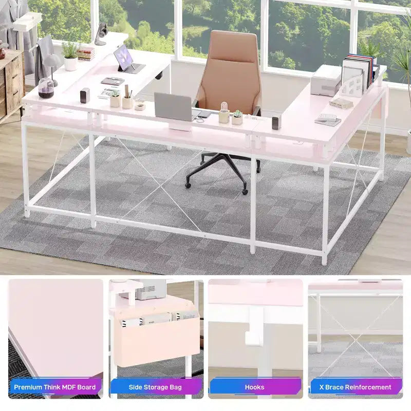 Bureau de jeu en forme de U/L de 78", bureau d'ordinateur réversible avec prises de courant, lumières LED, support d'écran et étagère de rangement, bureau d'angle pour bureau à domicile