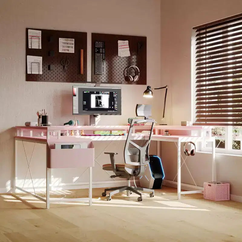 Bureau de jeu en forme de U/L de 78", bureau d'ordinateur réversible avec prises de courant, lumières LED, support d'écran et étagère de rangement, bureau d'angle pour bureau à domicile