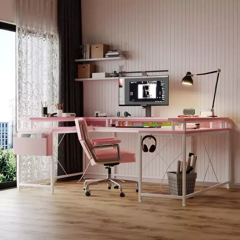 Bureau de jeu en forme de U/L de 78", bureau d'ordinateur réversible avec prises de courant, lumières LED, support d'écran et étagère de rangement, bureau d'angle pour bureau à domicile