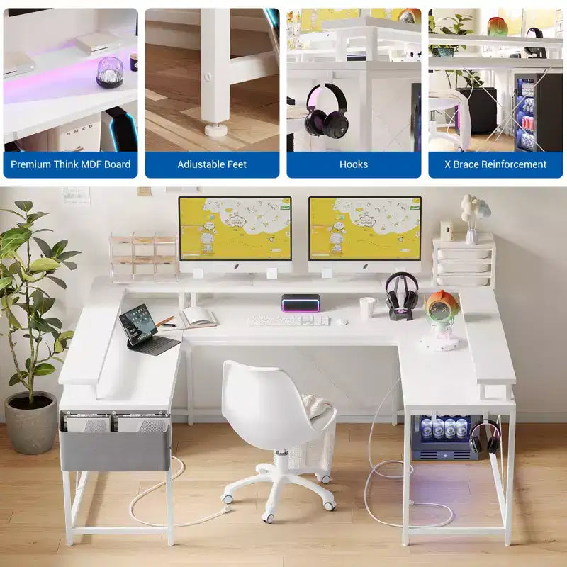 Bureau de jeu en forme de U/L de 78", bureau d'ordinateur réversible avec prises de courant, lumières LED, support d'écran et étagère de rangement, bureau d'angle pour bureau à domicile