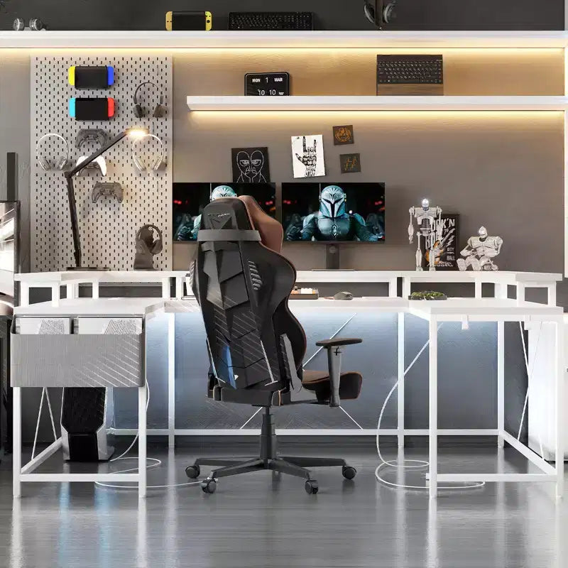 Bureau de jeu en forme de U/L de 78", bureau d'ordinateur réversible avec prises de courant, lumières LED, support d'écran et étagère de rangement, bureau d'angle pour bureau à domicile