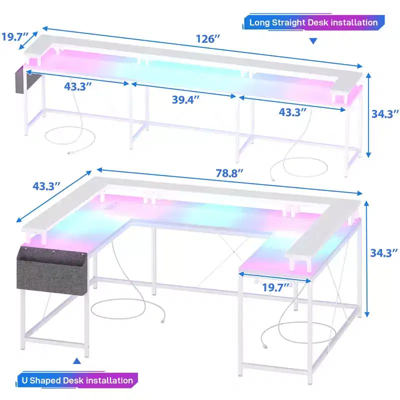 Bureau de jeu en forme de U/L de 78", bureau d'ordinateur réversible avec prises de courant, lumières LED, support d'écran et étagère de rangement, bureau d'angle pour bureau à domicile