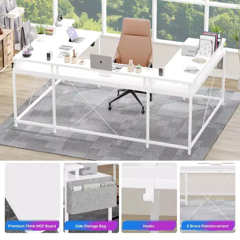 Bureau de jeu en forme de U/L de 78", bureau d'ordinateur réversible avec prises de courant, lumières LED, support d'écran et étagère de rangement, bureau d'angle pour bureau à domicile