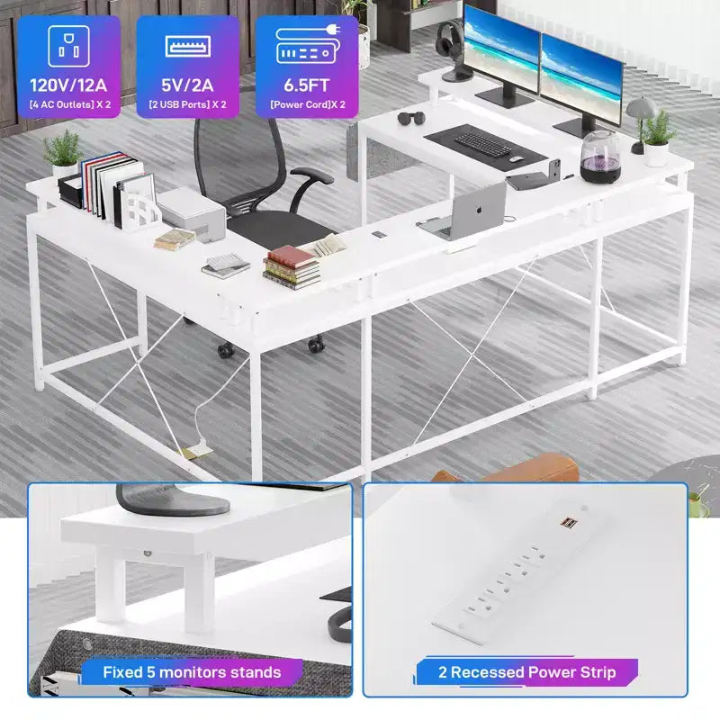 Bureau de jeu en forme de U/L de 78", bureau d'ordinateur réversible avec prises de courant, lumières LED, support d'écran et étagère de rangement, bureau d'angle pour bureau à domicile