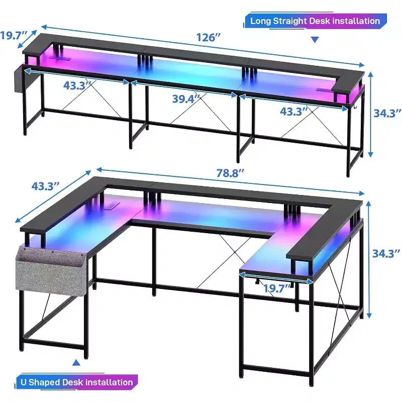 Bureau de jeu en forme de U/L de 78", bureau d'ordinateur réversible avec prises de courant, lumières LED, support d'écran et étagère de rangement, bureau d'angle pour bureau à domicile