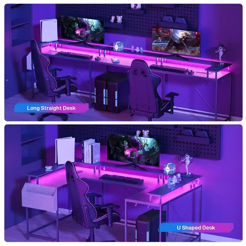 Bureau de jeu en forme de U/L de 78", bureau d'ordinateur réversible avec prises de courant, lumières LED, support d'écran et étagère de rangement, bureau d'angle pour bureau à domicile