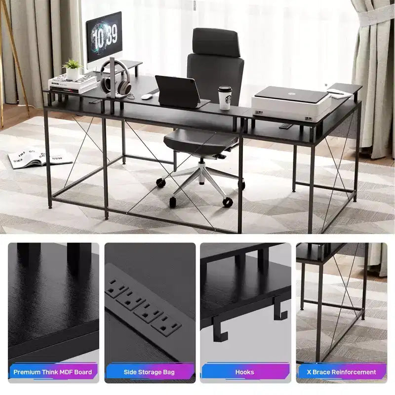 Bureau de jeu en forme de U/L de 78", bureau d'ordinateur réversible avec prises de courant, lumières LED, support d'écran et étagère de rangement, bureau d'angle pour bureau à domicile