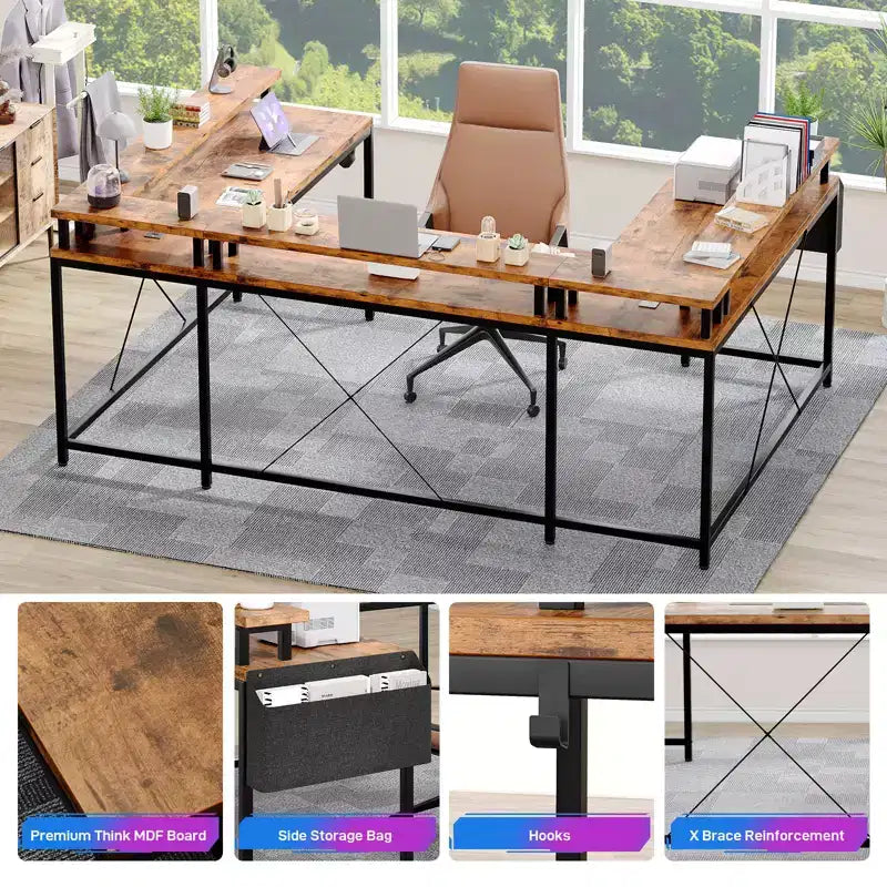 Bureau de jeu en forme de U/L de 78", bureau d'ordinateur réversible avec prises de courant, lumières LED, support d'écran et étagère de rangement, bureau d'angle pour bureau à domicile