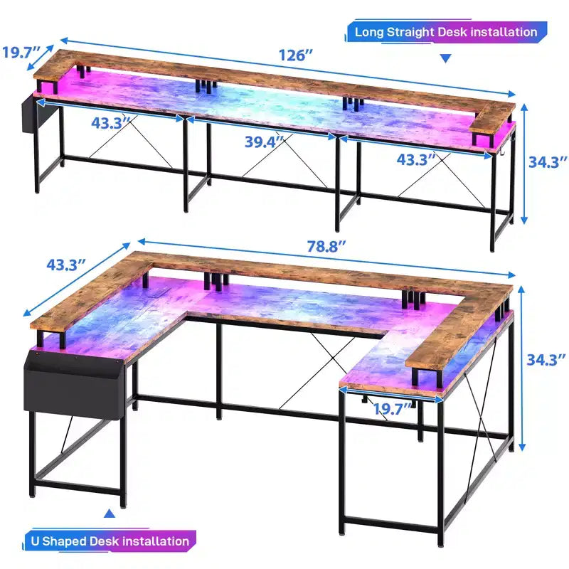 Bureau de jeu en forme de U/L de 78", bureau d'ordinateur réversible avec prises de courant, lumières LED, support d'écran et étagère de rangement, bureau d'angle pour bureau à domicile