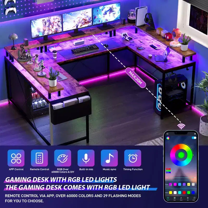 Bureau de jeu en forme de U/L de 78", bureau d'ordinateur réversible avec prises de courant, lumières LED, support d'écran et étagère de rangement, bureau d'angle pour bureau à domicile