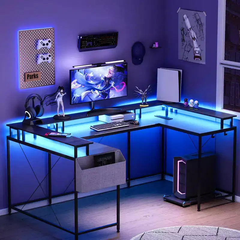 COZONY 78 U/L Shaped Gaming Desk, Reversible Computer Desk with Power Outlets, LED Lights, Monitor Stand & Storage Shelf, Corner Desk for Home Office