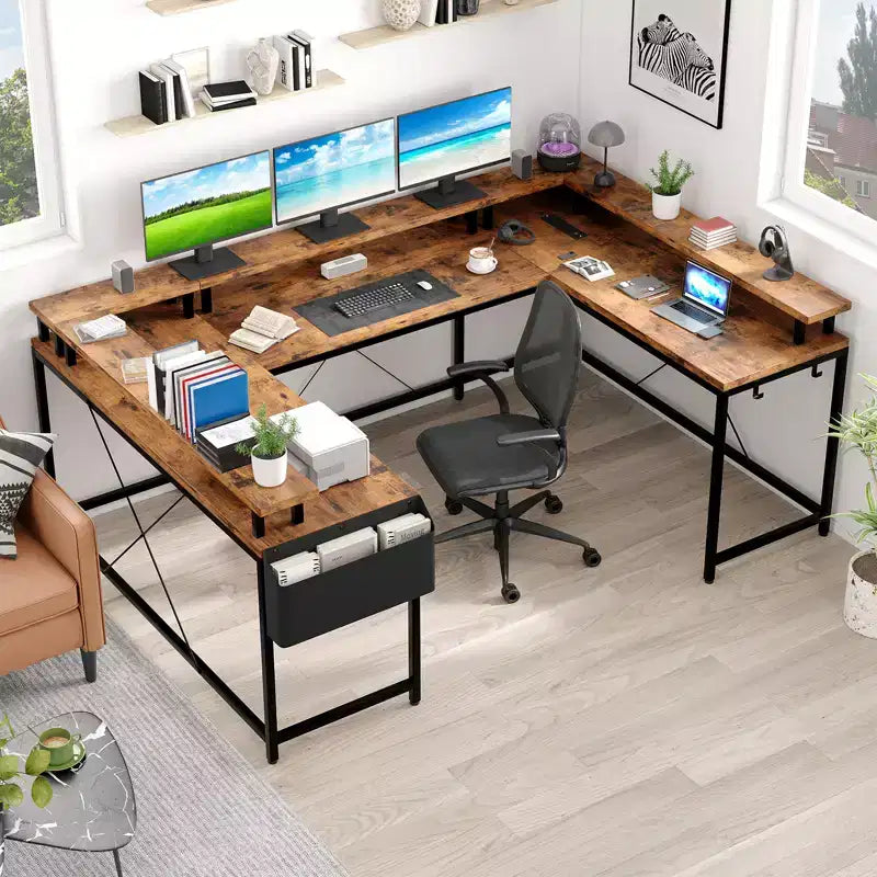 Bureau de jeu en forme de U/L de 78", bureau d'ordinateur réversible avec prises de courant, lumières LED, support d'écran et étagère de rangement, bureau d'angle pour bureau à domicile