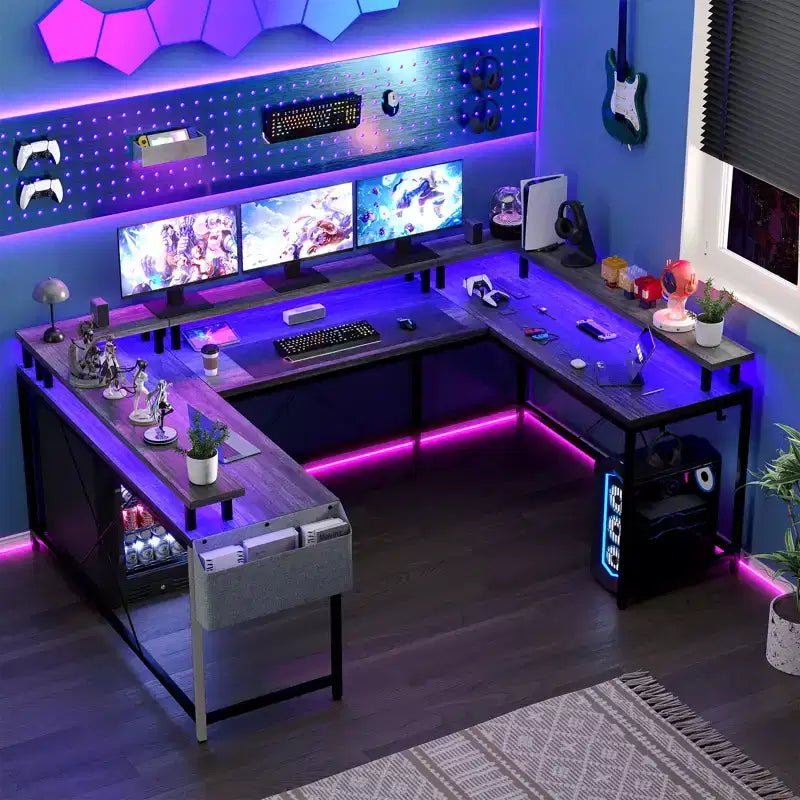 Bureau de jeu en forme de U/L de 78", bureau d'ordinateur réversible avec prises de courant, lumières LED, support d'écran et étagère de rangement, bureau d'angle pour bureau à domicile
