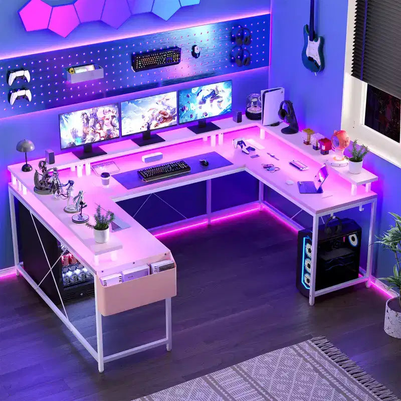 Bureau de jeu en forme de U/L de 78", bureau d'ordinateur réversible avec prises de courant, lumières LED, support d'écran et étagère de rangement, bureau d'angle pour bureau à domicile