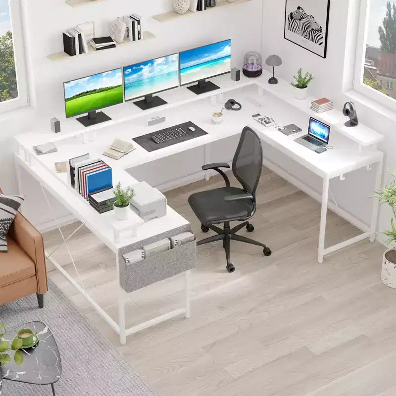 Bureau de jeu en forme de U/L de 78", bureau d'ordinateur réversible avec prises de courant, lumières LED, support d'écran et étagère de rangement, bureau d'angle pour bureau à domicile