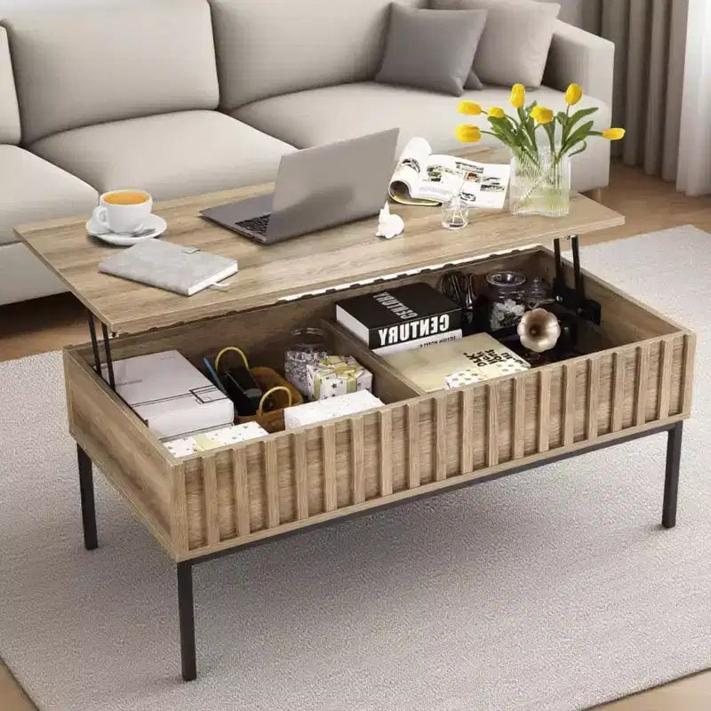 GustoWave Coffee Table with Lifting Top, Modern Fluted Wood Center Table for Living Room, Teak Color