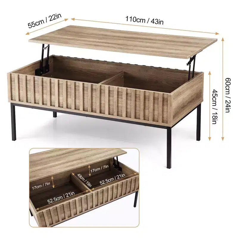 Table basse à plateau relevable, Table basse de salon moderne en bois cannelé, Couleur teck