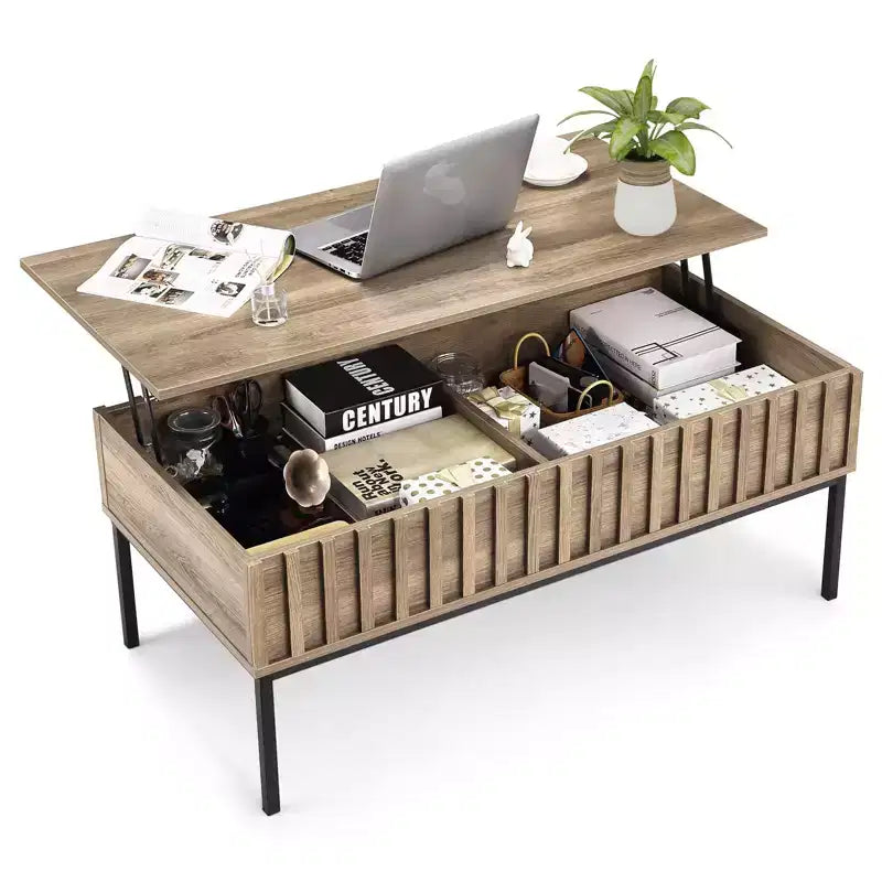 Table basse à plateau relevable, Table basse de salon moderne en bois cannelé, Couleur teck