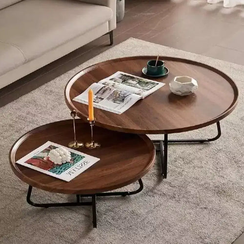GustoWave 2Pcs Small Nesting Coffee Table, Round Wood Center Table for Living Room, Bedroom, Walnut