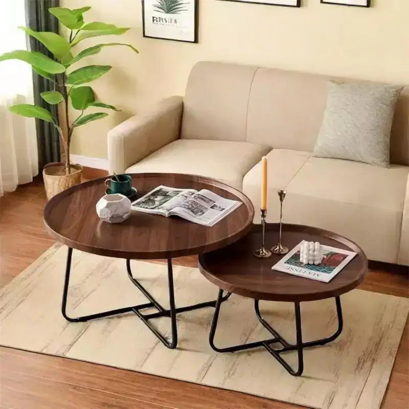 2 Tables basses gigognes, rondes, en bois, pour salon, chambre, noyer