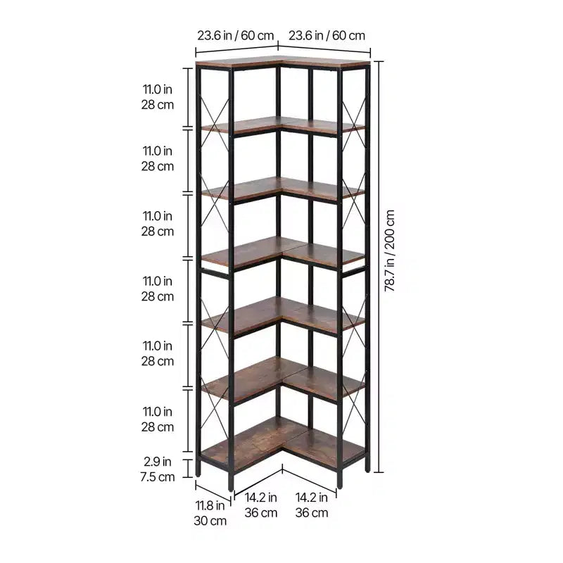 Étagère d'angle à 7 niveaux, bibliothèque d'angle haute de 79 pouces avec cadre métallique robuste et étagères en bois, noire