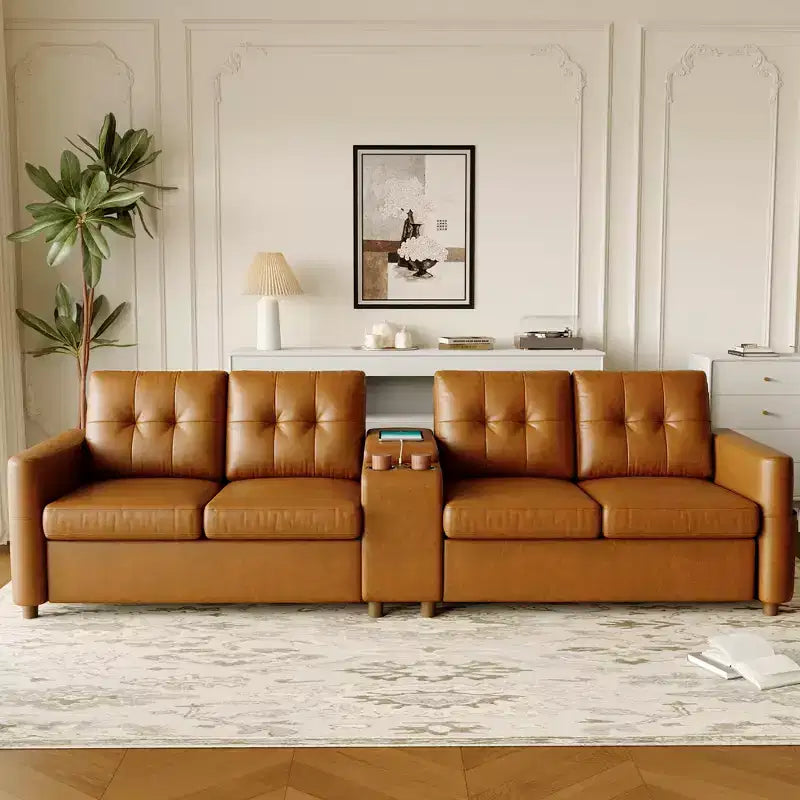 Canapé d'angle 115 places avec console centrale, porte-gobelets, coussins capitonnés et pochette de rangement, grand canapé 4 places pour appartement, salon