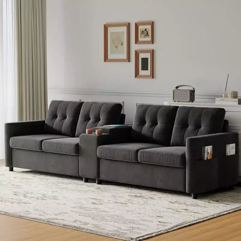 Canapé d'angle 115 places avec console centrale, porte-gobelets, coussins capitonnés et pochette de rangement, grand canapé 4 places pour appartement, salon