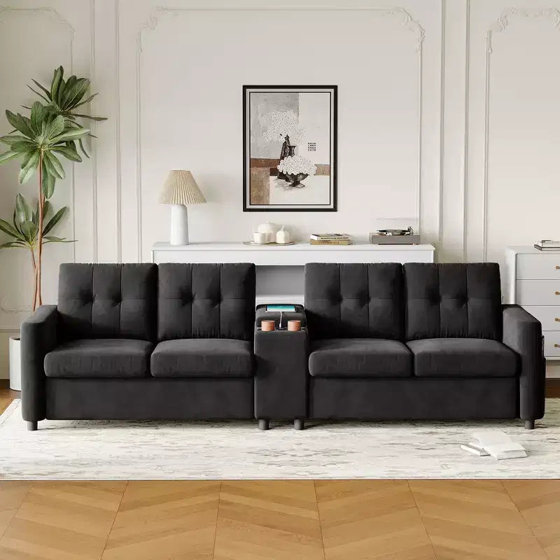 Canapé d'angle 115 places avec console centrale, porte-gobelets, coussins capitonnés et pochette de rangement, grand canapé 4 places pour appartement, salon