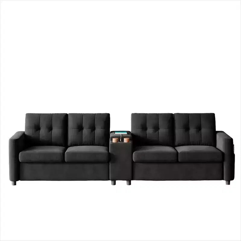 115 Sectional Sofa with Center Console, Cup Holders, Tufted Cushions & Storage Pocket, Spacious 4-Seater Couch for Apartment, Lounge