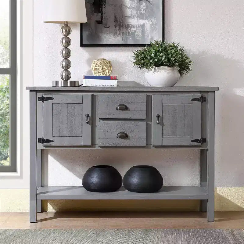 48 Inch Solid Wood Sideboard Table with 2 Drawers, Cabinets and Base Shelf, Vintage Style Storage Buffet Cabinet for Living Room, Kitchen