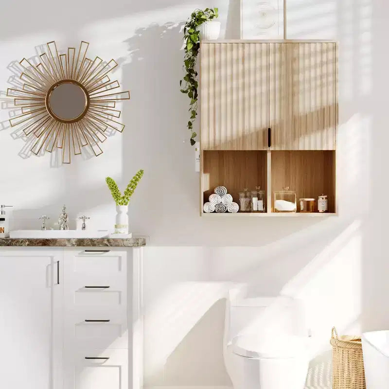 Meuble Haut de Salle de Bain Mural, Armoire à Pharmacie Cannelée à 2 Portes, Étagères Réglables et Rangement Ouvert, pour Buanderie Cuisine Salon