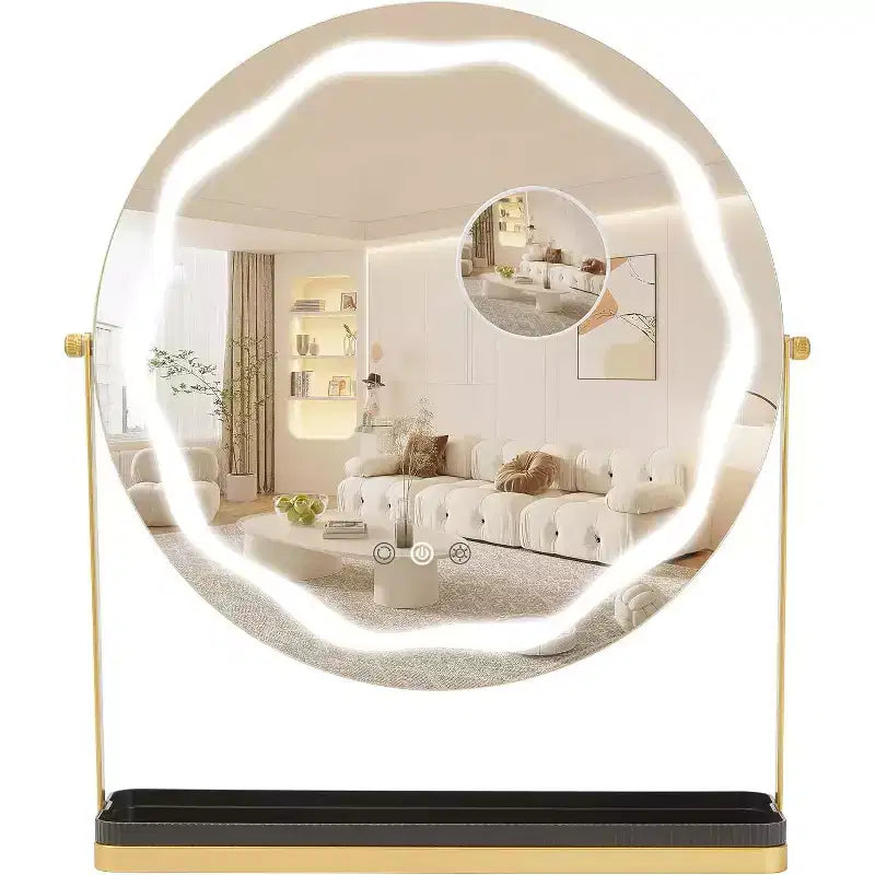 Round Makeup Mirror with Removable Storage Box, 360Rotatable, Suitable for Desktop, Bedroom, Easy Assembly, Gold