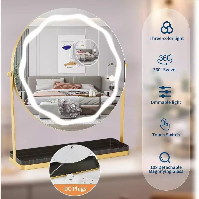 Miroir de Maquillage Rond avec Boîte de Rangement Amovible, Rotatif à 360°, Adapté pour Bureau, Chambre, Montage Facile, Or