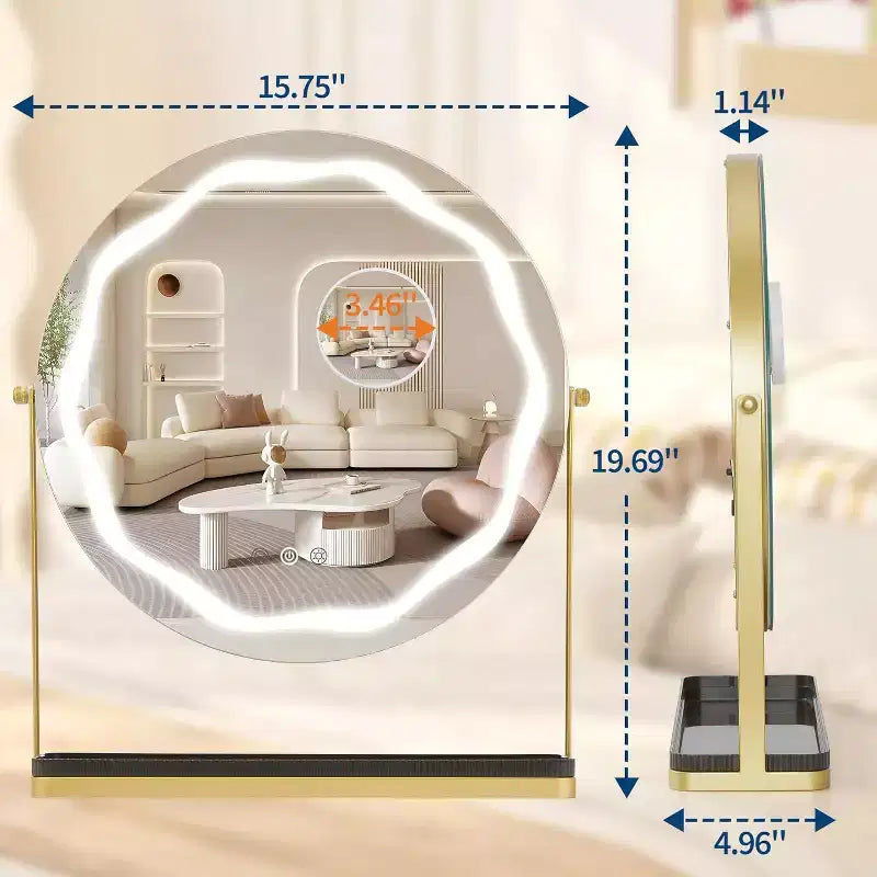 Miroir de Maquillage Rond avec Boîte de Rangement Amovible, Rotatif à 360°, Adapté pour Bureau, Chambre, Montage Facile, Or