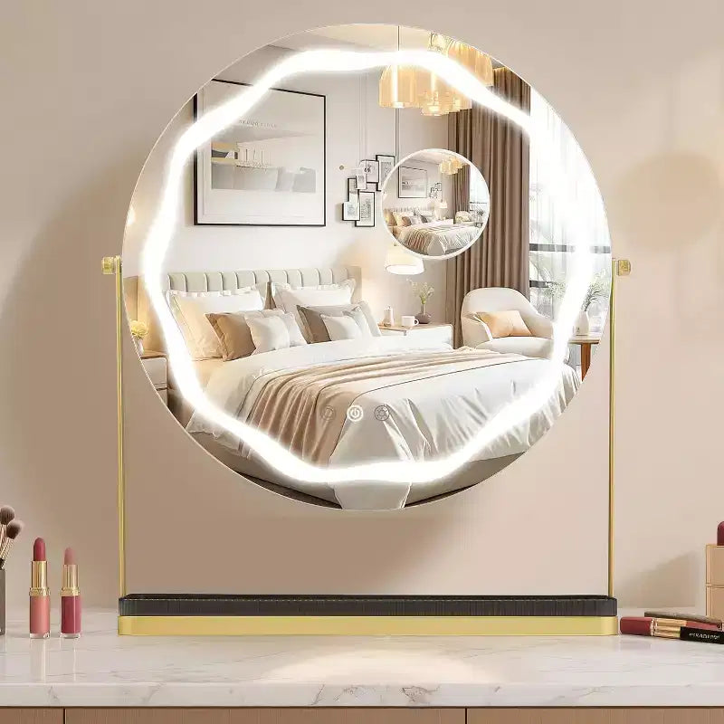 Miroir de Maquillage Rond avec Boîte de Rangement Amovible, Rotatif à 360°, Adapté pour Bureau, Chambre, Montage Facile, Or