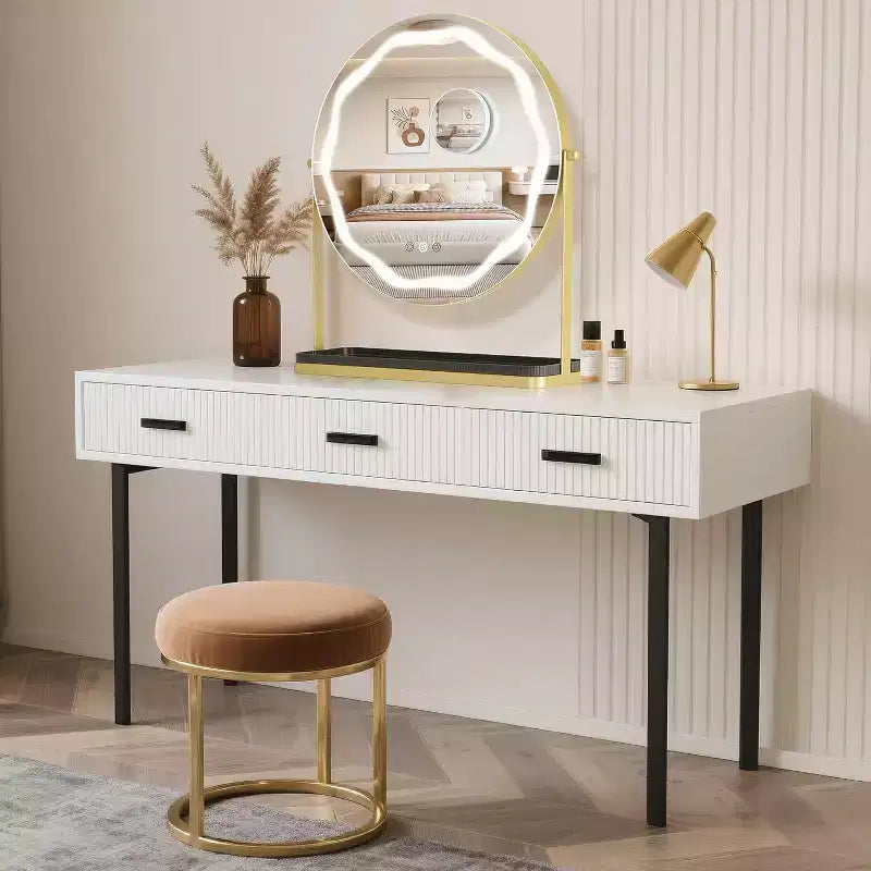 Miroir de Maquillage Rond avec Boîte de Rangement Amovible, Rotatif à 360°, Adapté pour Bureau, Chambre, Montage Facile, Or