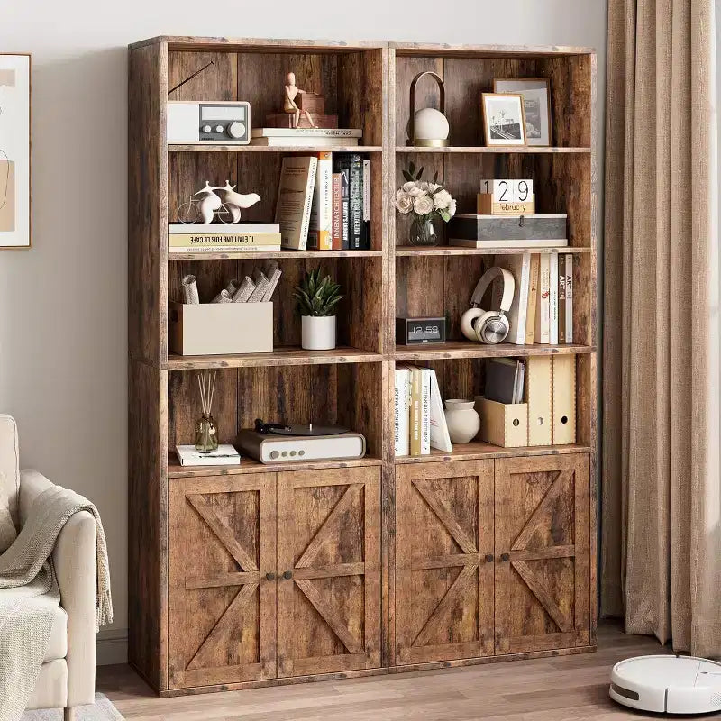 Acekool Farmhouse Bookcase with Doors, 6-Shelf 71 Tall Rustic Brown Display and Storage Cabinet for Home Office, Living Room